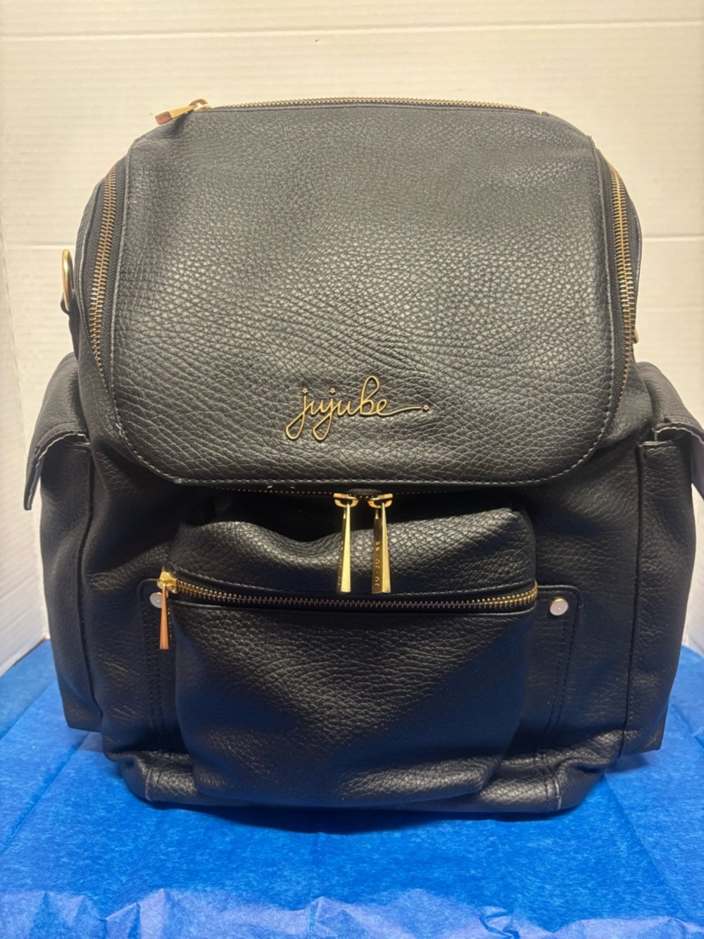 Ju-Ju-Be Black Pebbled Vegan Leather Diaper Bag Backpack with Gold Hardware